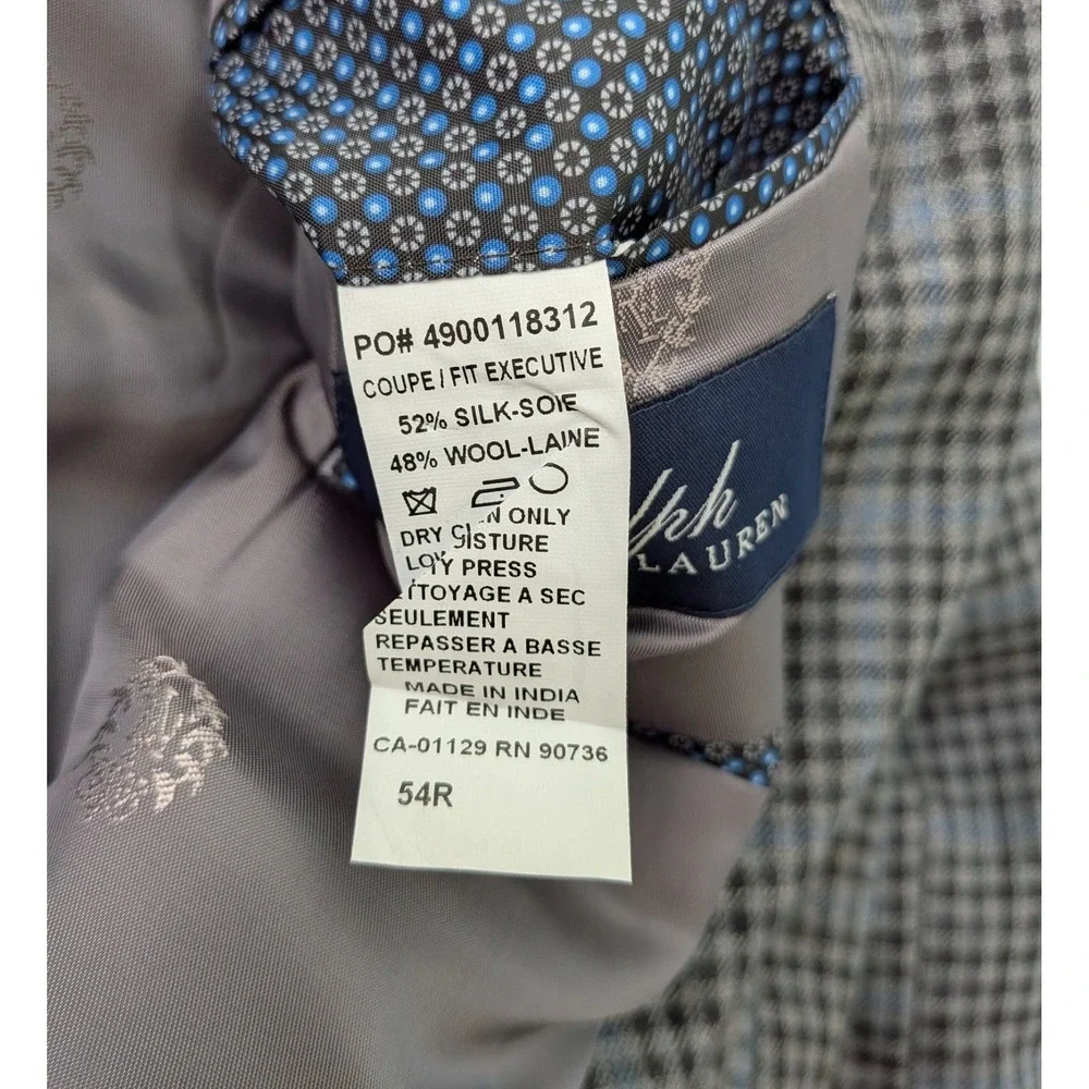 Ralph Lauren Executive‎ Silk Wool Glen Plaid Sport Coat Blazer Grey Blue 54R